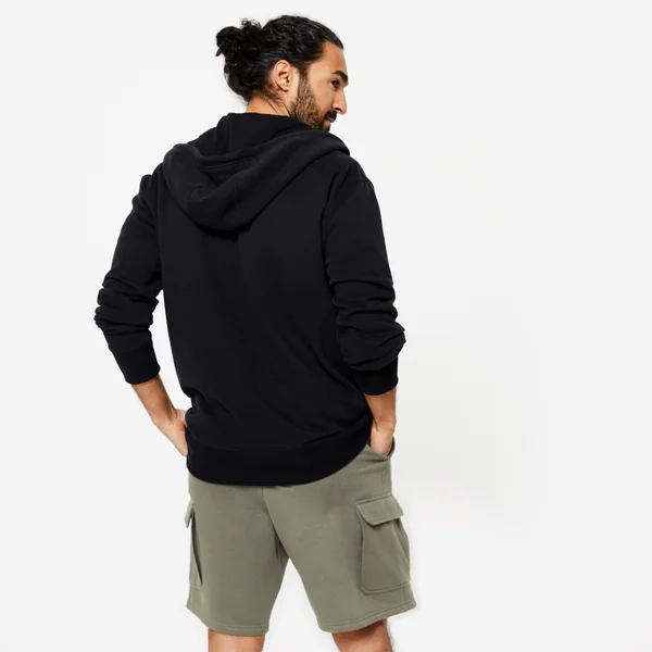 Sweat zippé à capuche de fitness en molleton homme, noir
