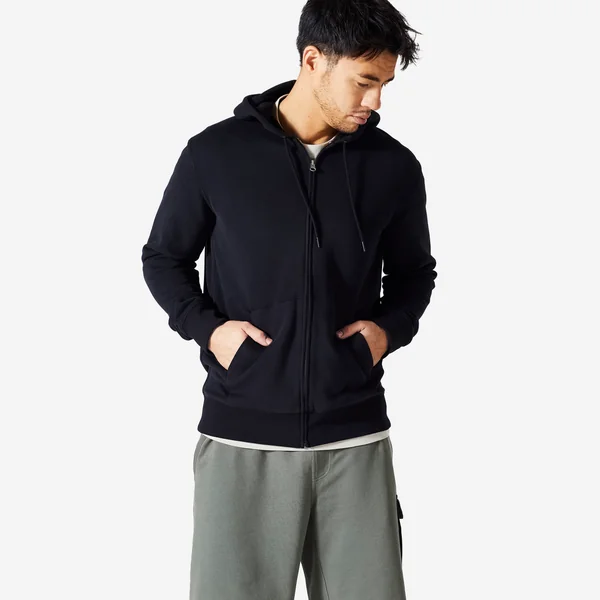 Sweat zippé à capuche de fitness en molleton homme, noir