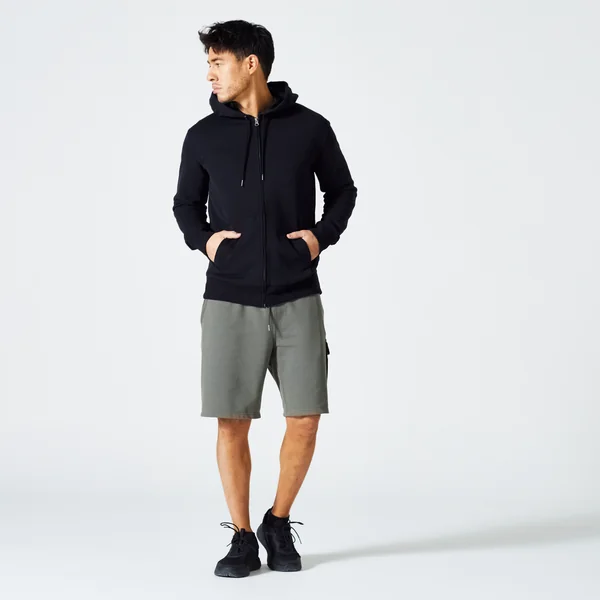 Sweat zippé à capuche de fitness en molleton homme, noir