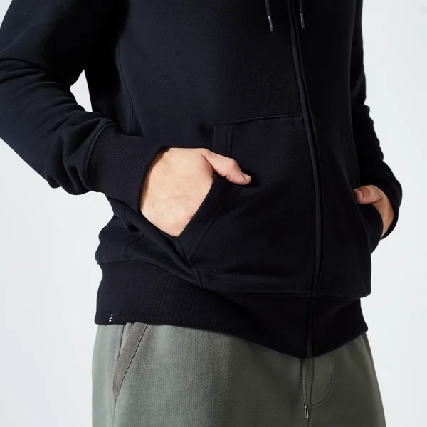 Sweat zippé à capuche de fitness en molleton homme, noir