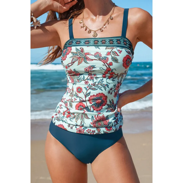 Tankini floral col carré et bas taille standard