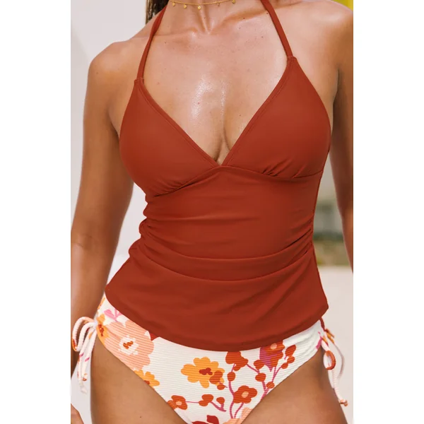Tankini floral orange bretelles licou