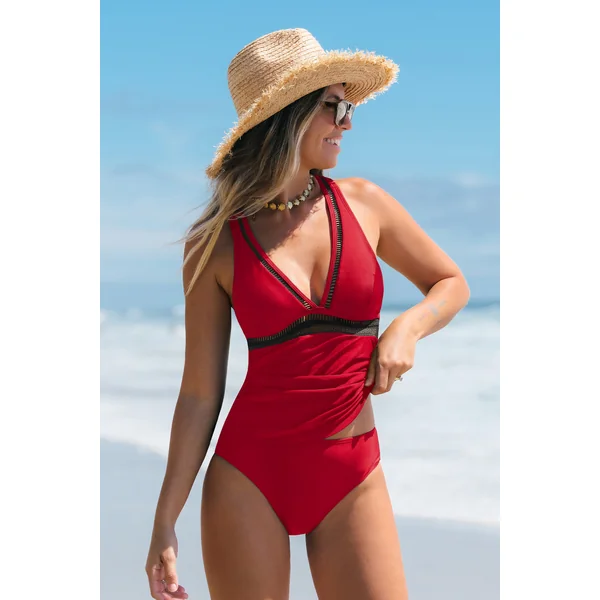 Tankini rouge bretelles croisées au dos