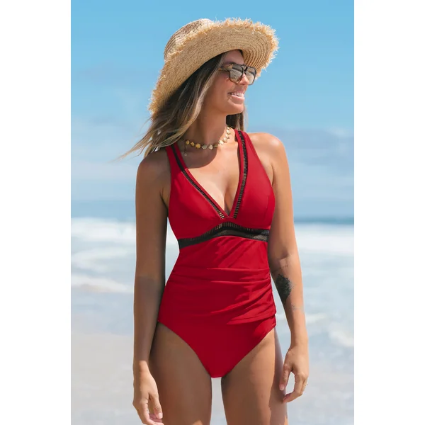 Tankini rouge bretelles croisées au dos
