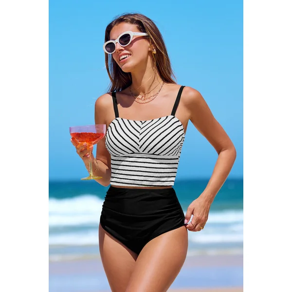 Tankini à rayures et col carré avec taille haute