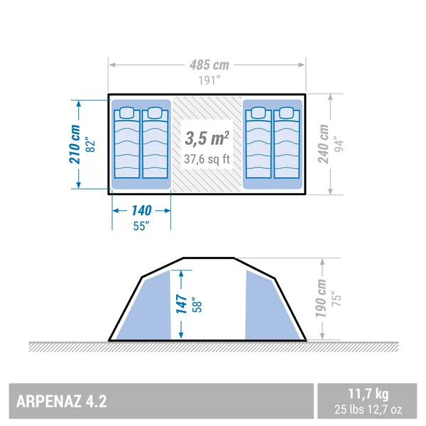 Tente de camping 4 places 2 chambres, Arpenaz 4.2