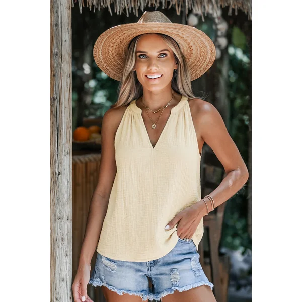 Top beige tissé col cranté