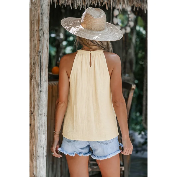 Top beige tissé col cranté
