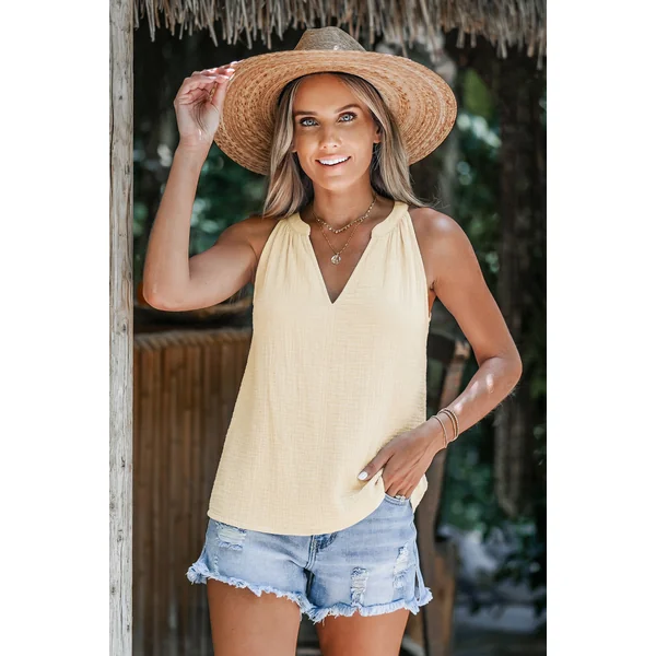 Top beige tissé col cranté