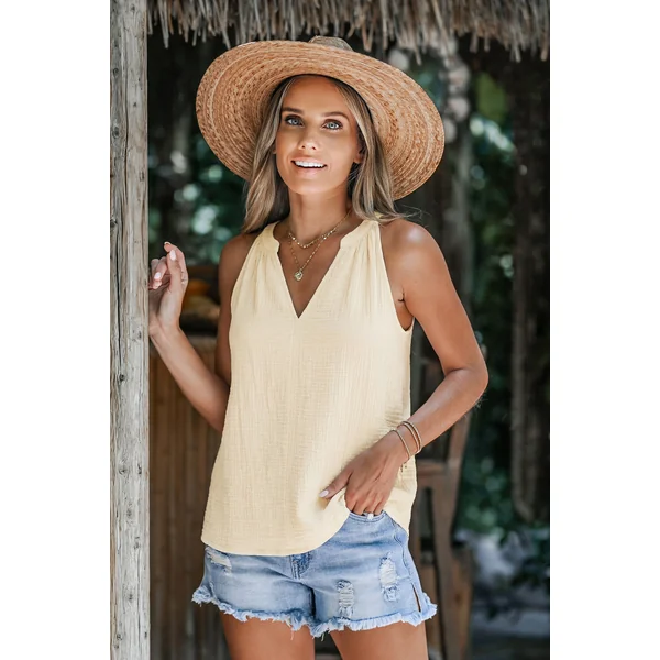Top beige tissé col cranté