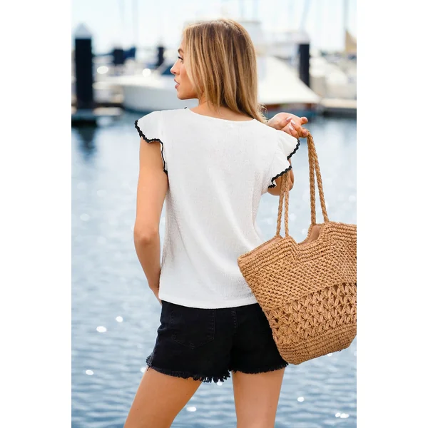 Top blanc manches courtes col V