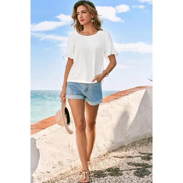 Top blanc tissé garniture à volants