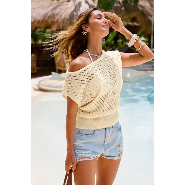 Top cover up beige col rond taille cintrée