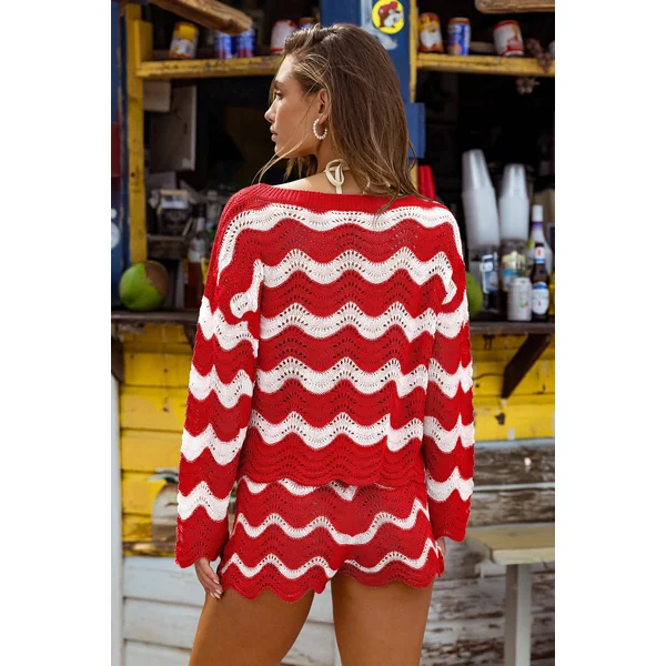 Top cover up à rayures rouge manches longues