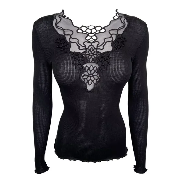 Top manches longues Laine & Soie décolleté macramé Noir