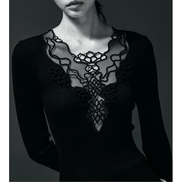 Top manches longues Laine & Soie décolleté macramé Noir