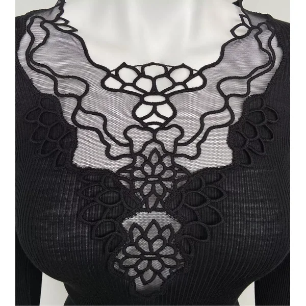 Top manches longues Laine & Soie décolleté macramé Noir