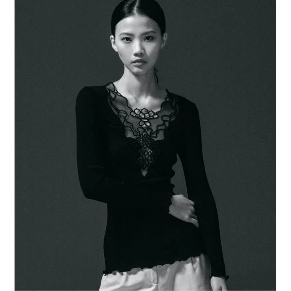Top manches longues Laine & Soie décolleté macramé Noir