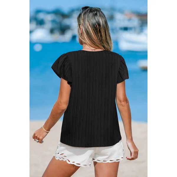 Top noir tissé manches courtes