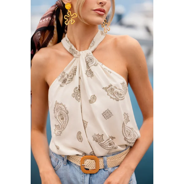 Top paisley col haut tissé sans manches