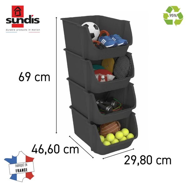 Tour de rangement 4 bacs empilables - FLY TOWER gris