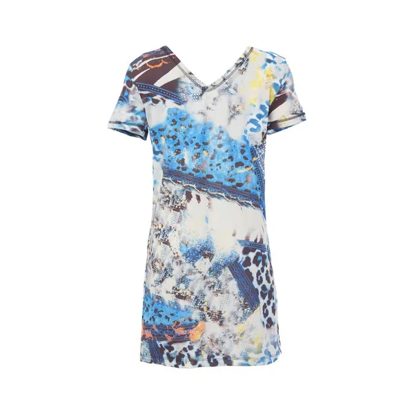 Tricotto - Robe courte à manches courtes col V motif léopard Blanc et Bleu Medium