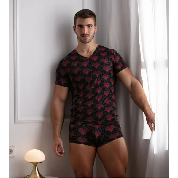 T-shirt homme imprimé art déco bordeaux, or et noir Carlyle
