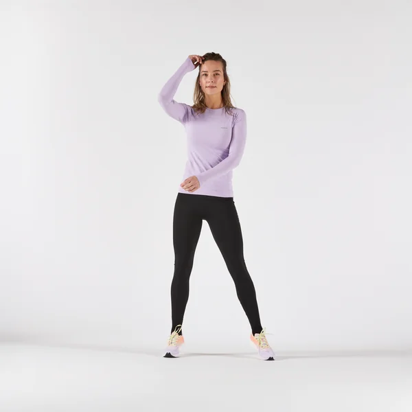 T-Shirt manches longues running Femme sans couture, KIPRUN Run 500 lilas