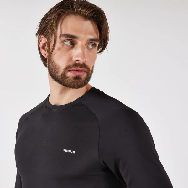 T-Shirt manches longues running sans couture Homme, KIPRUN Run 500 noir