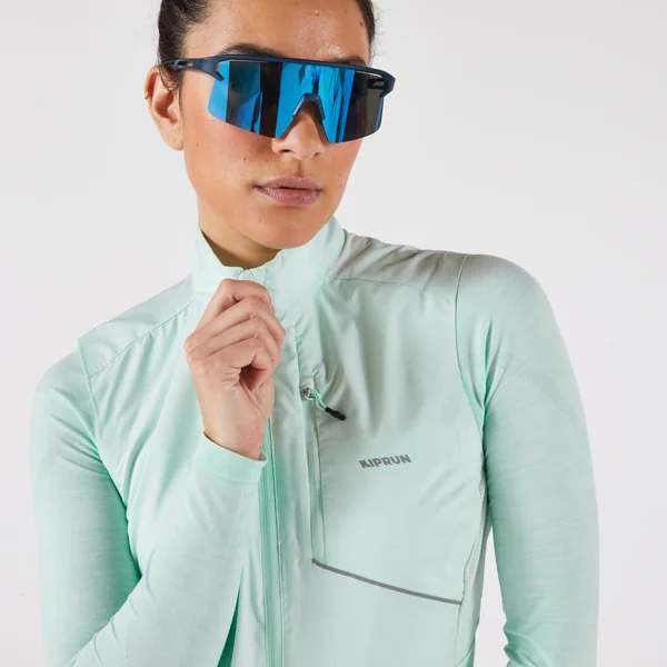 Veste running sans manche coupe vent Femme, KIPRUN Run wind 500 vert clair