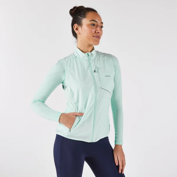Veste running sans manche coupe vent Femme, KIPRUN Run wind 500 vert clair