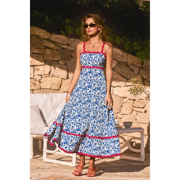 x Camille Robe longue bleue florale col carré sans manches